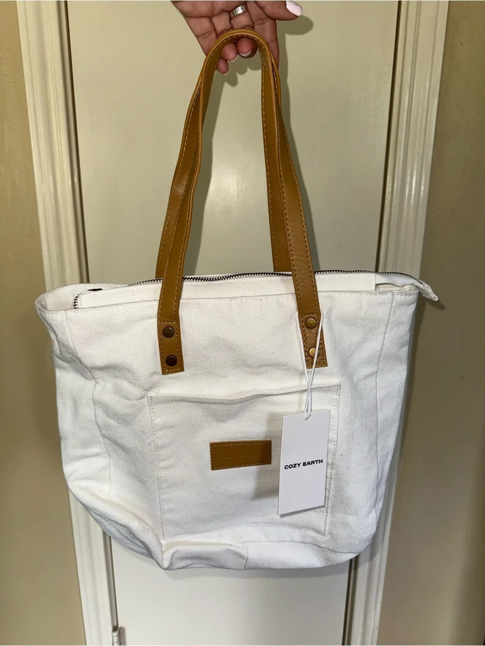 Cozy Earth Canvas Tote Bag Off White Tan Vegan Leather Handles NWT